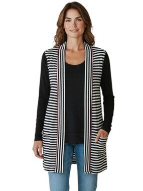 Parsley and Sage Womens 2 Piece Set Top L Open Vest XL Striped Black White Artsy